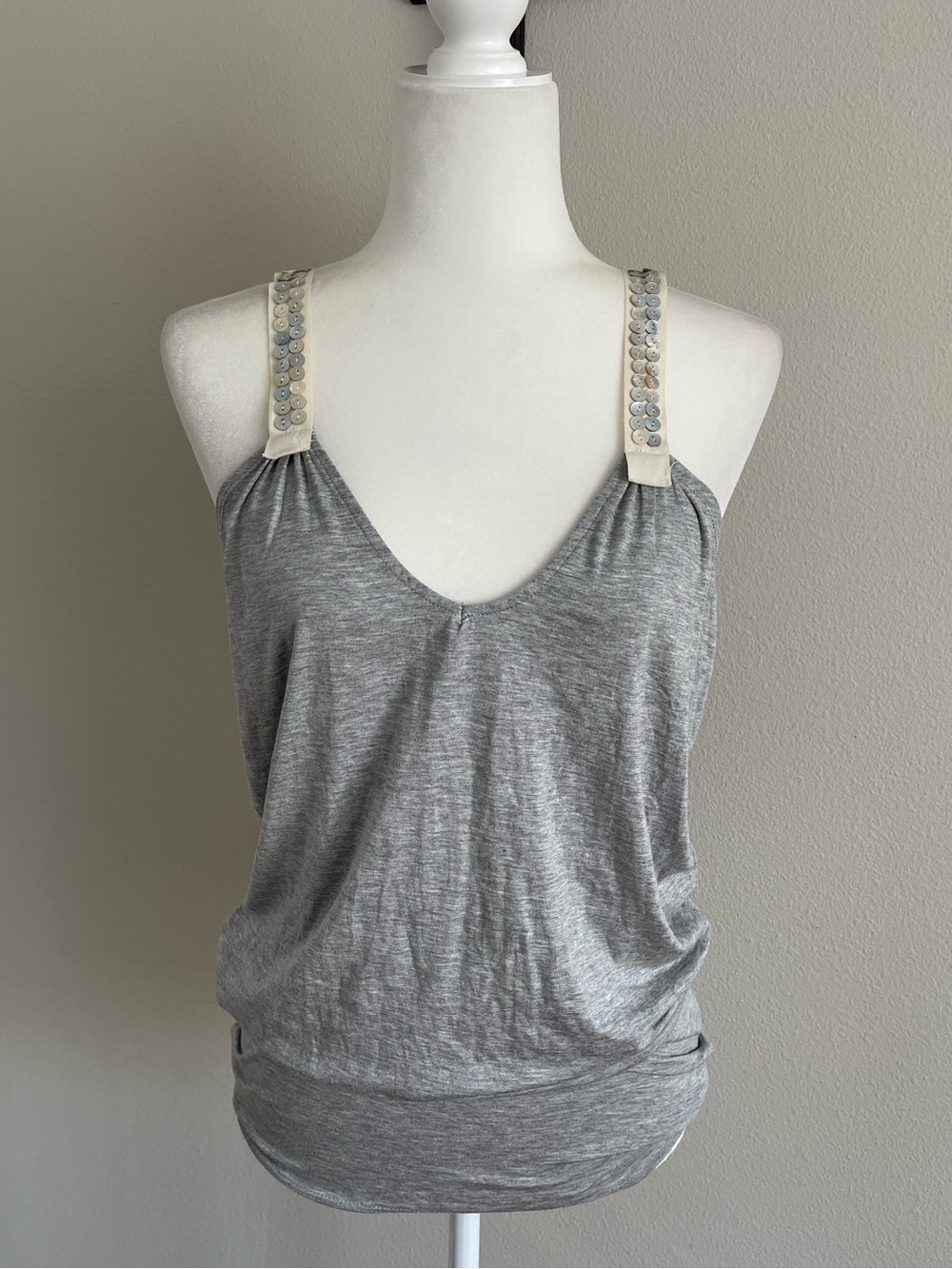 Solemio Gray Tank with Cream Sequin-Strap Accents